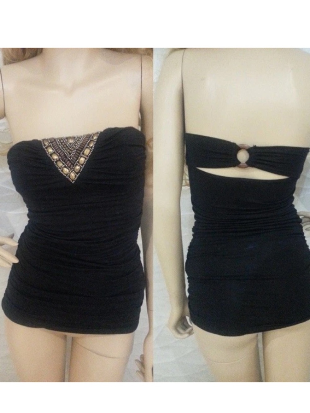 NWT bebe 2b Black sequin stud beaded embellished strapless cutout tube top